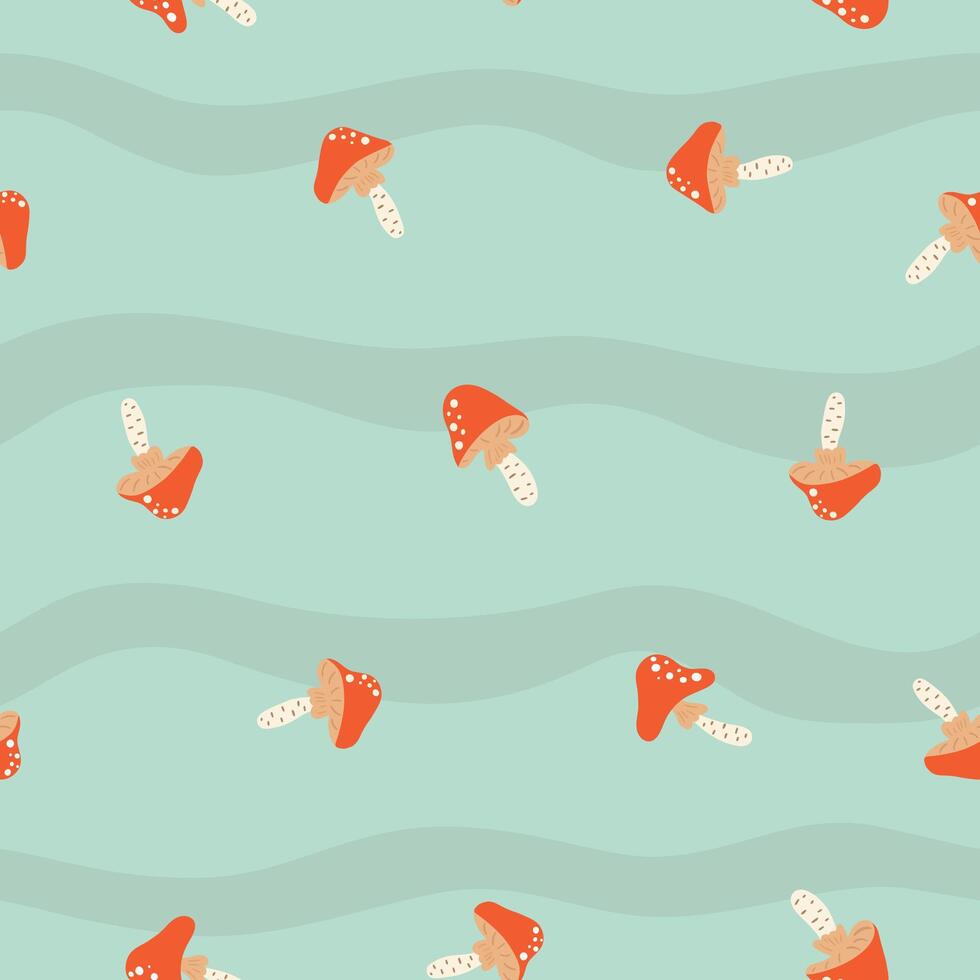 Seamless pattern with amanita fly-agaric mushroom on striped background vector