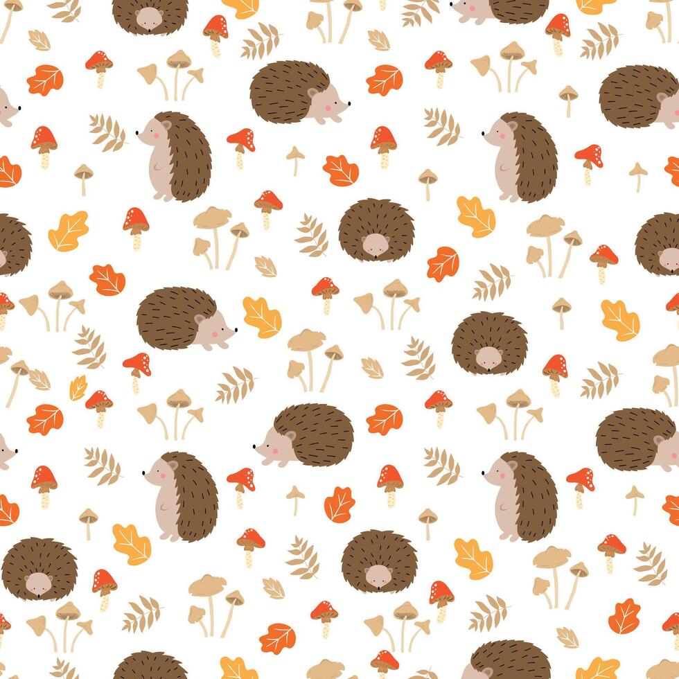 Seamless pattern with cute hedgehogs, mushrooms abd leaves. Children's pattern for clothes. vector