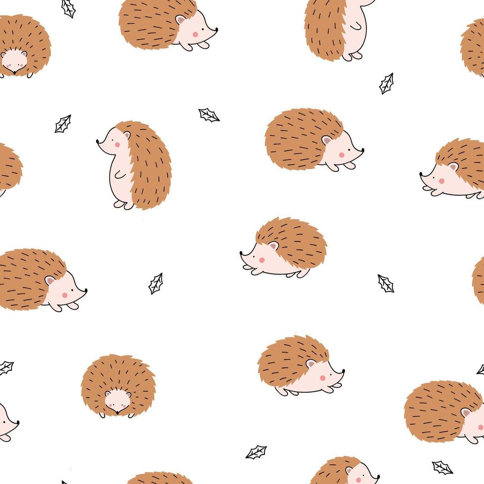Seamless pattern with cute hedgehogs and forest leaves. Children's pattern for clothes. Cute animal print. vector
