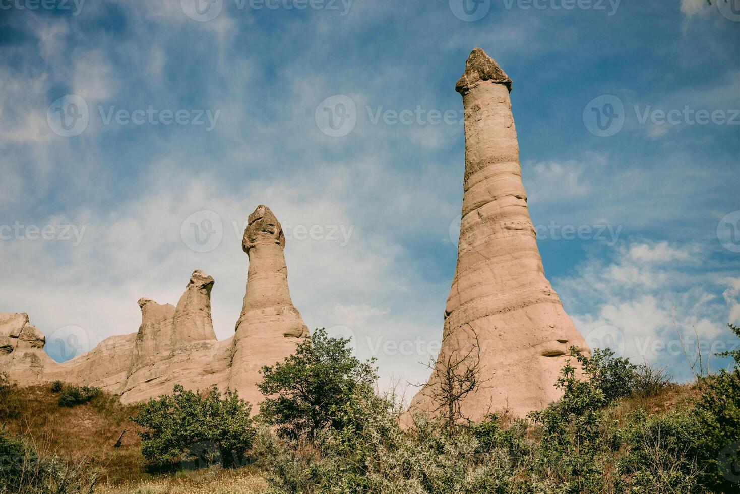 Landscape high of snowy mountains, mountain range in haze summer photo