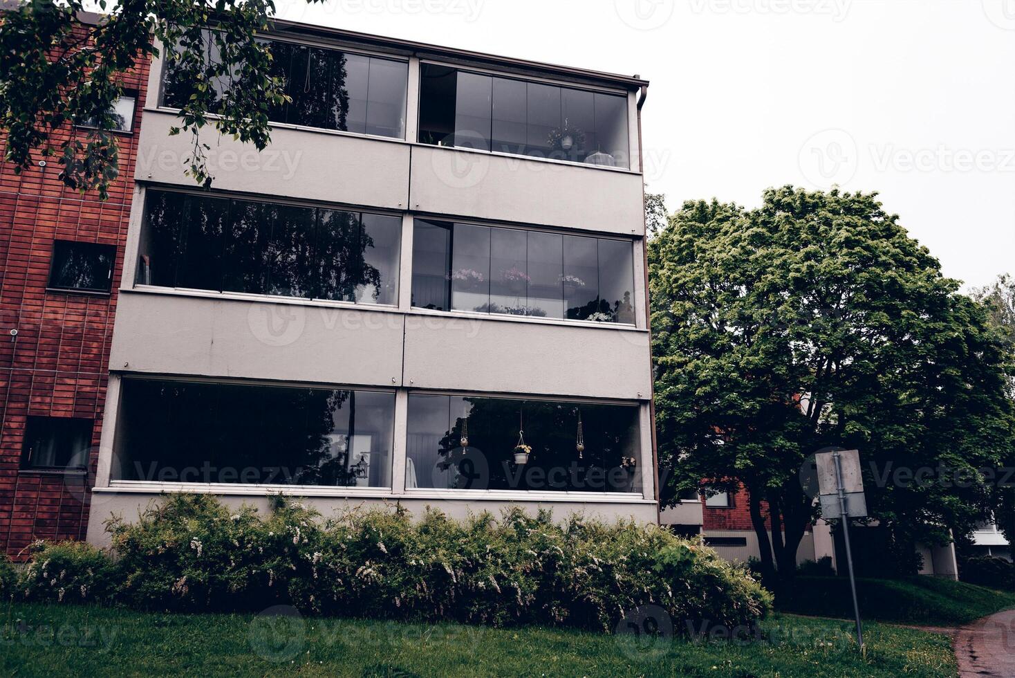 Low calm rise residential building, hotel, house, real estate in city, landscape photo