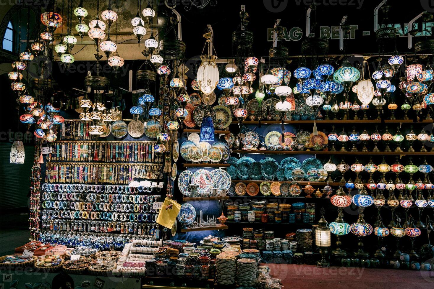 Eastern beautiful market sells local traditional dishes, plates and peas on counter store photo