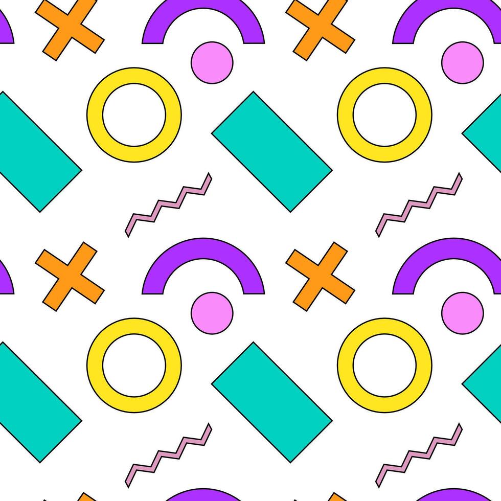 Vibrant seamless pattern featuring circles, crosses, rectangles, and zigzags in bold colors. vector