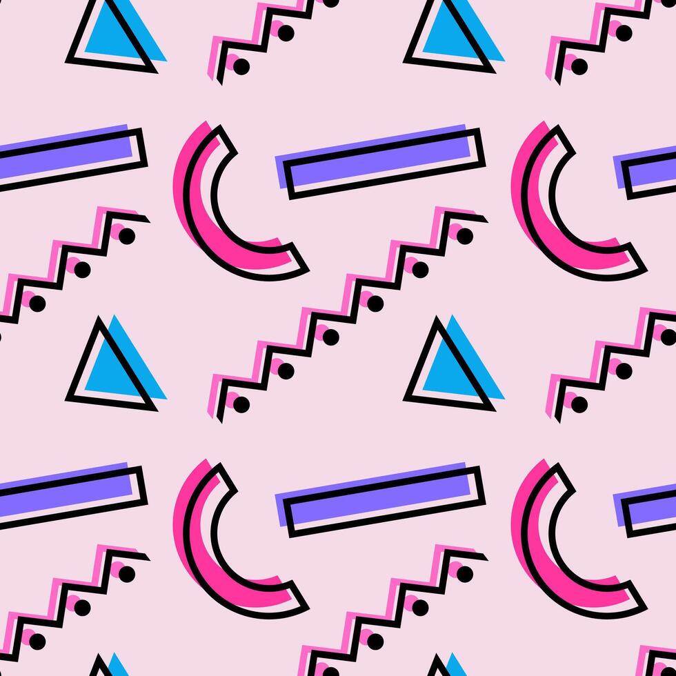 Seamless geometric pattern featuring vibrant pink and blue shapes, zigzag lines, triangles, and rectangles on a pastel pink background. vector