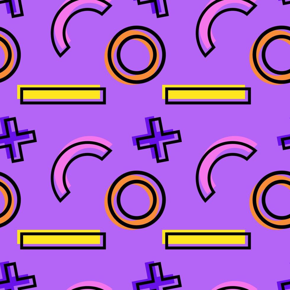 Bold seamless pattern with circles, arcs, crosses, and rectangles in bright colors on purple. vector