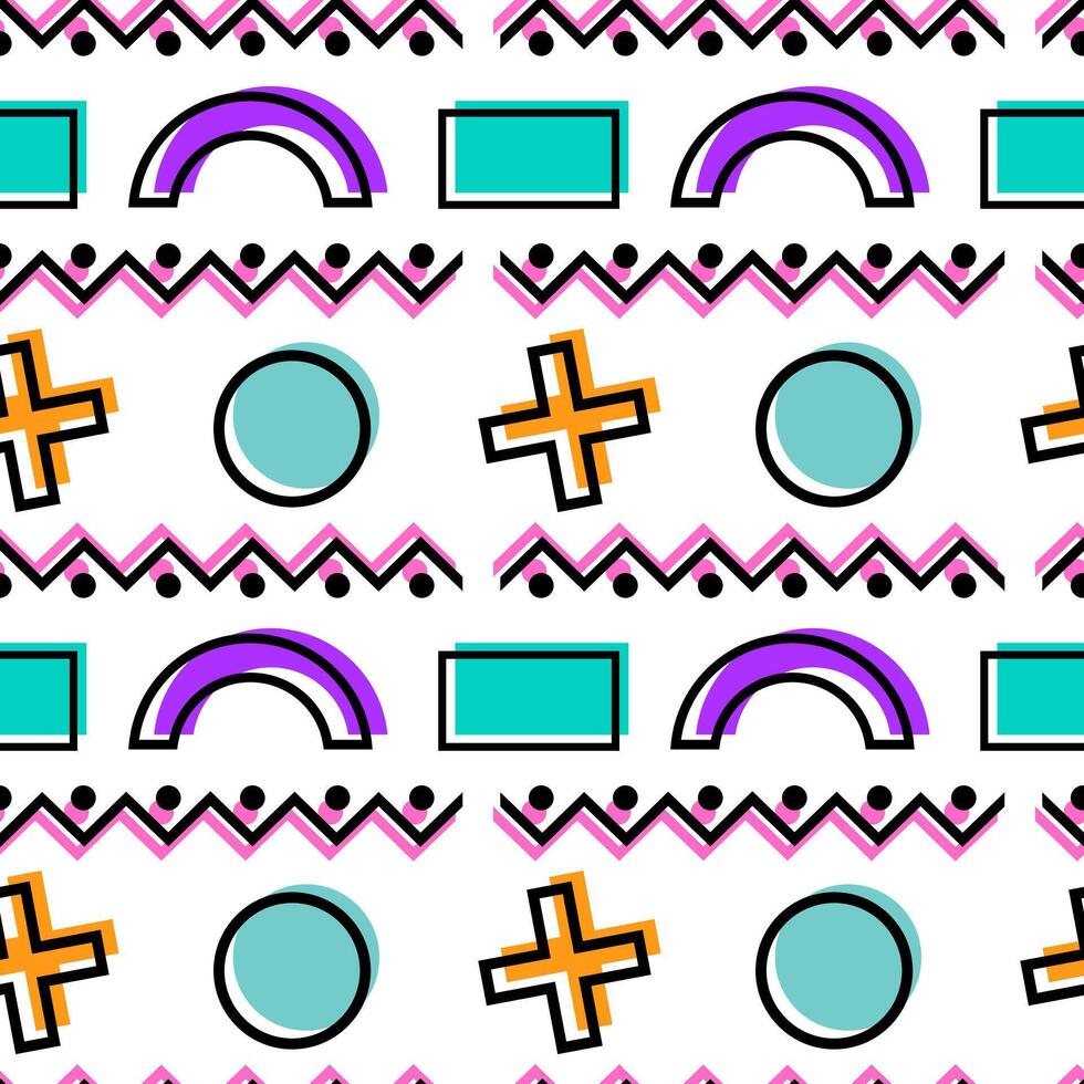 Seamless retro-inspired geometric pattern with vibrant shapes including circles, crosses, arches, and zigzag lines. vector