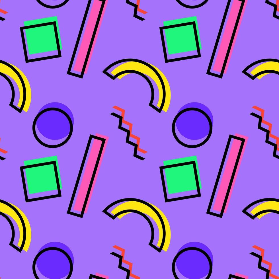 Seamless geometric pattern featuring colorful arcs, squares, circles, rectangles, and zigzag lines on a purple background. vector