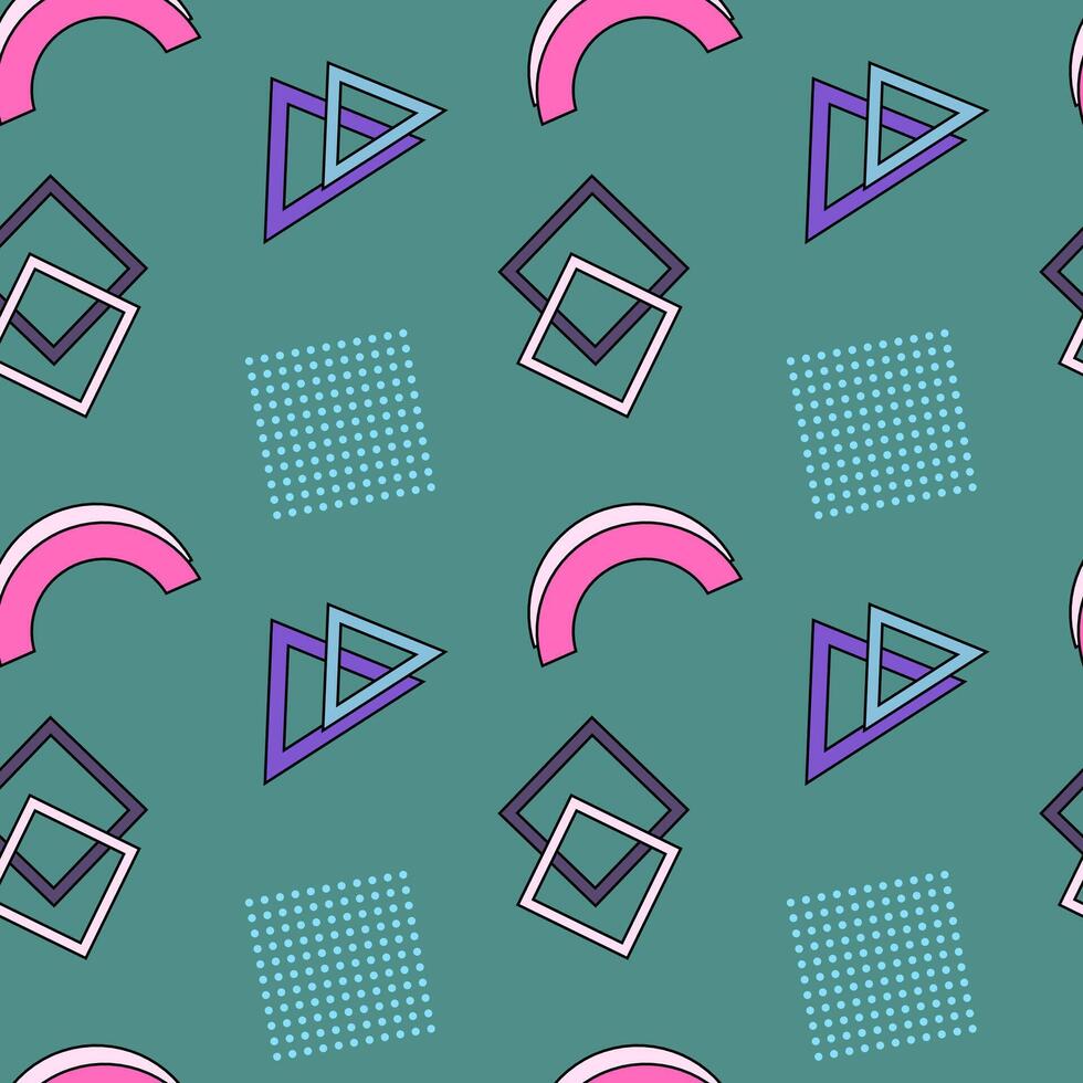 Seamless geometric pattern featuring arcs, triangles, overlapping squares, and dotted squares on a teal background. vector