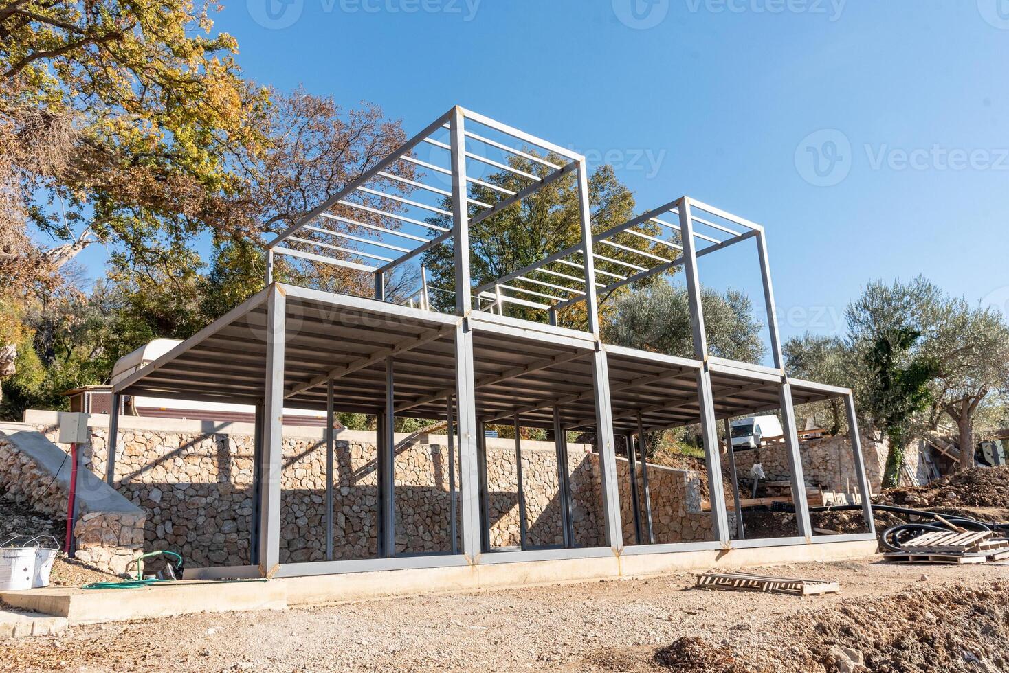 Construction site, residential building nice build, metal armature concrete structure photo