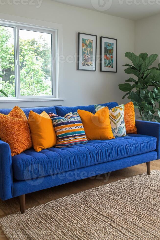 Blue Sofa With Orange And Patterned Pillows In A Room photo