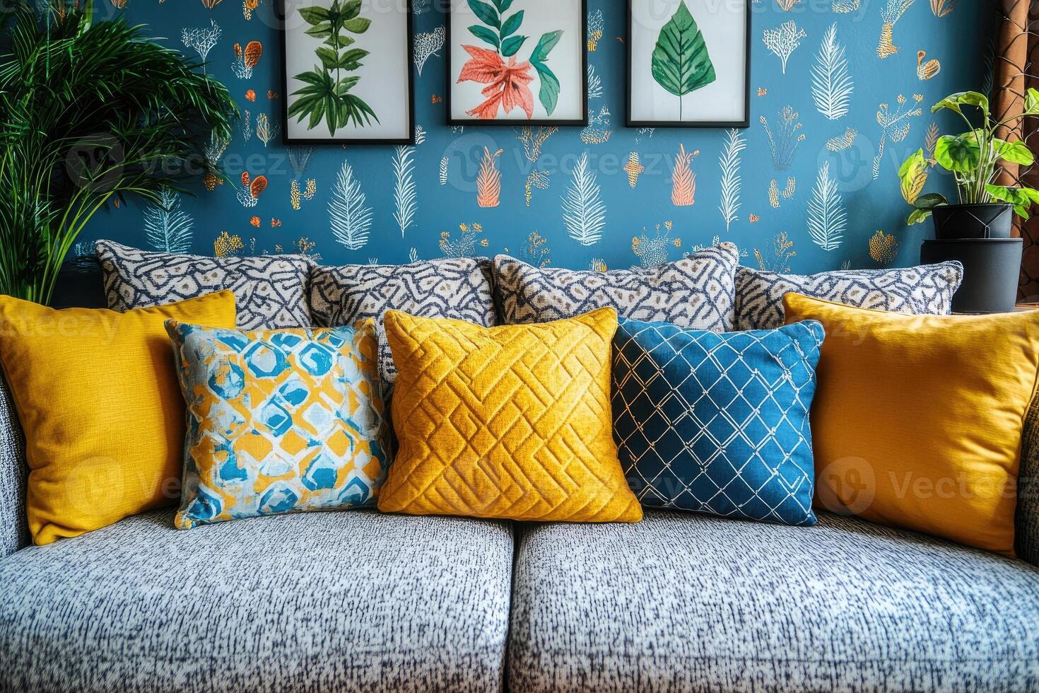 Stylish Sofa Decorated With Yellow Blue Pillows And Botanical Wall Art photo