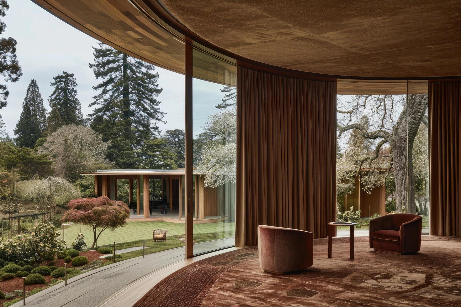 Modern Interior Design Featuring Curved Window and Garden View photo