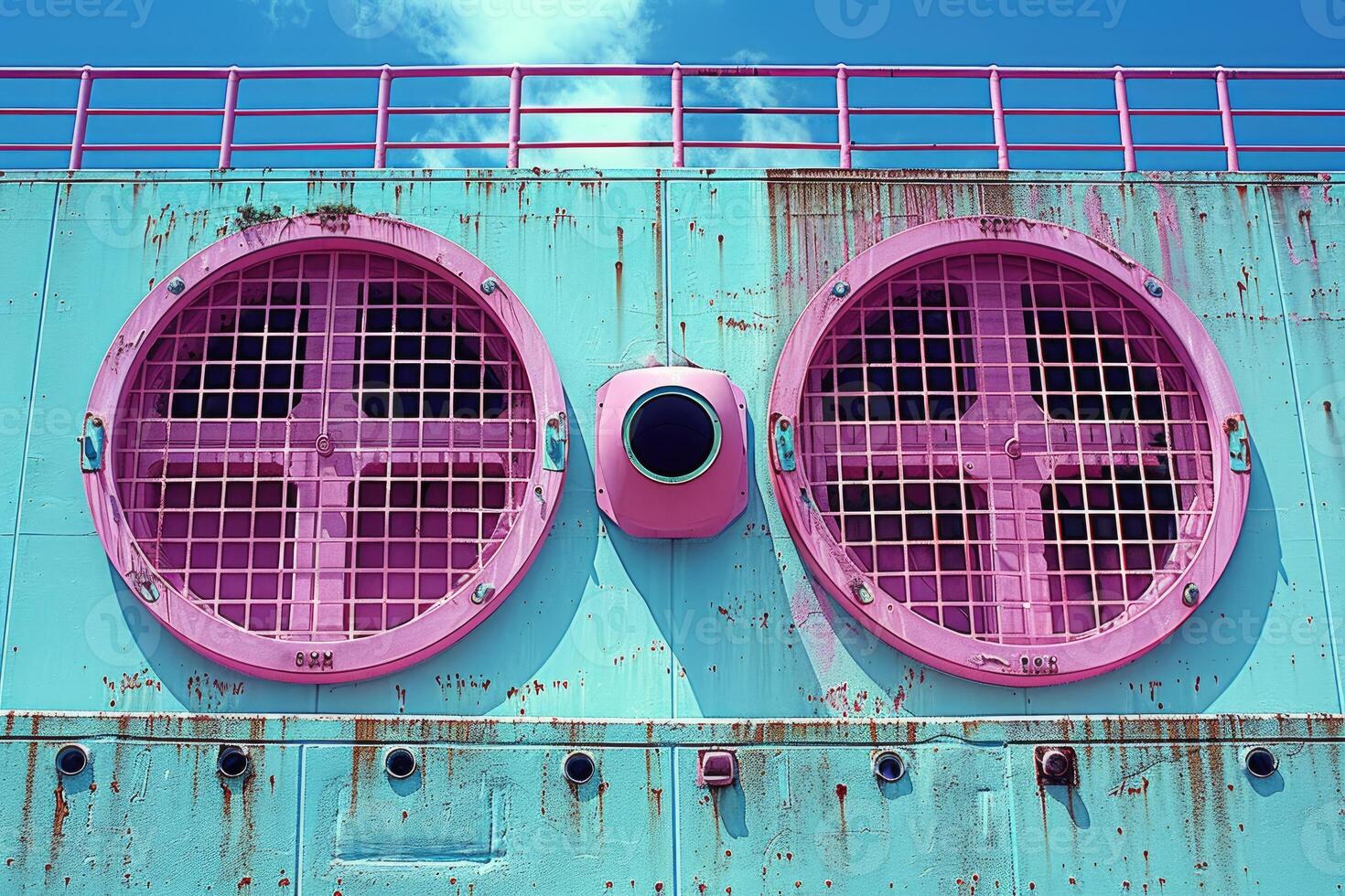 Rusty Aqua Wall With Pink Circular Grilles And Railing photo