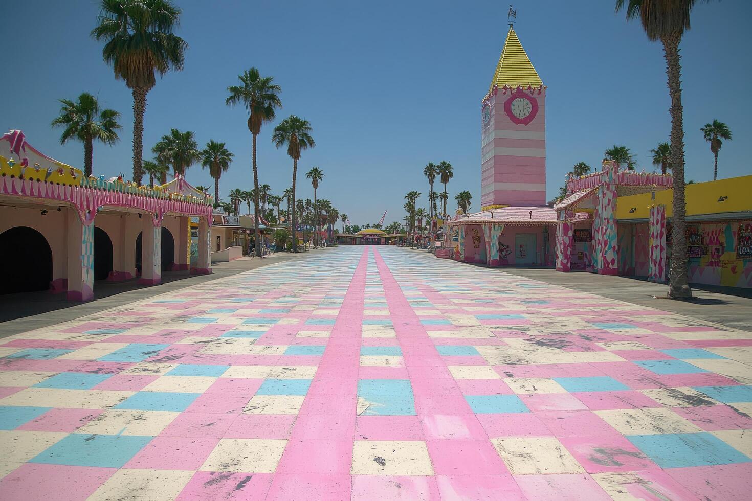 Pastel Pink and Blue Checkered Walkway at a Seaside Amusement Park photo