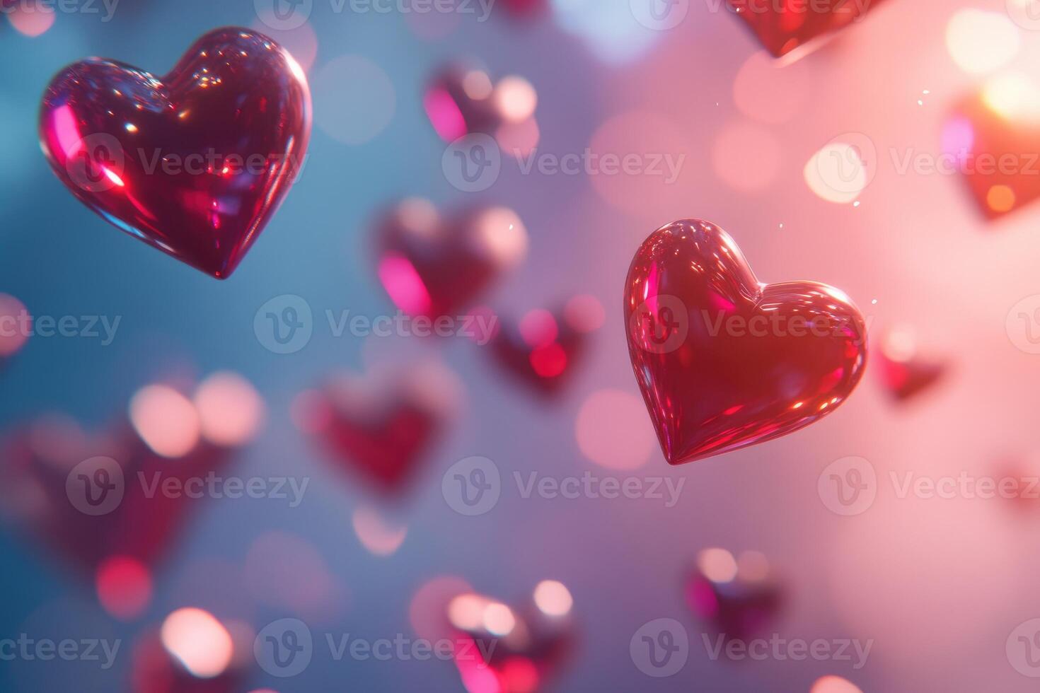 Red Glass Hearts Floating in Soft Light Background photo