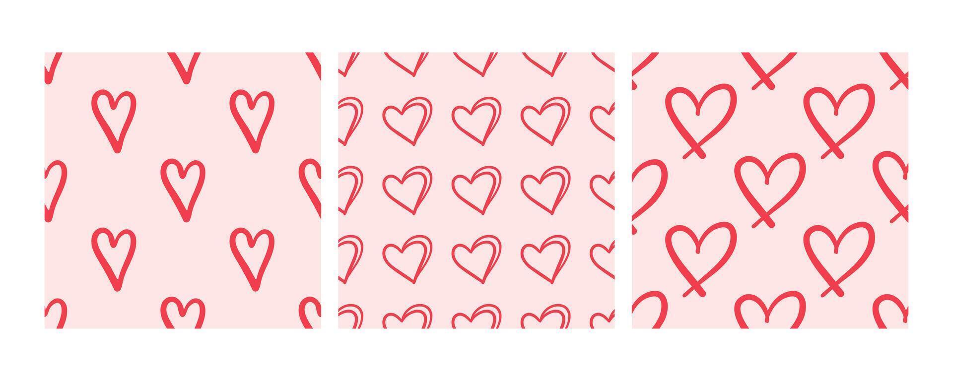 Seamless patterns with hand-drawn red hearts on pink background vector