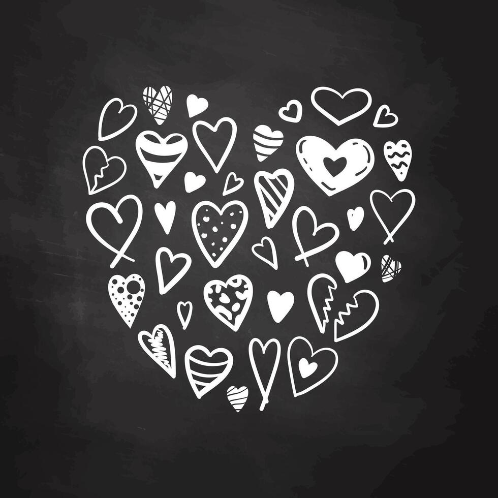 Heart doodle art with various white hearts on chalkboard background vector