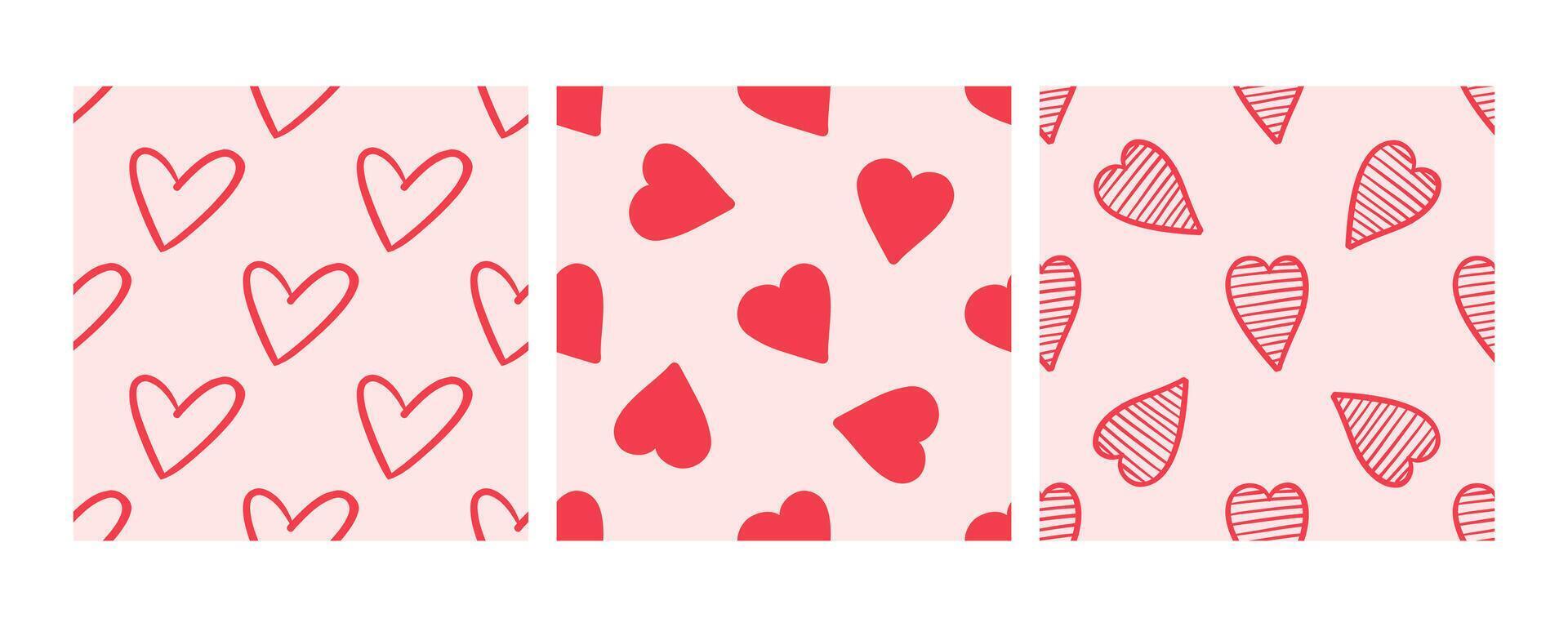 Seamless patterns with red hearts on a pink background in doodle style vector