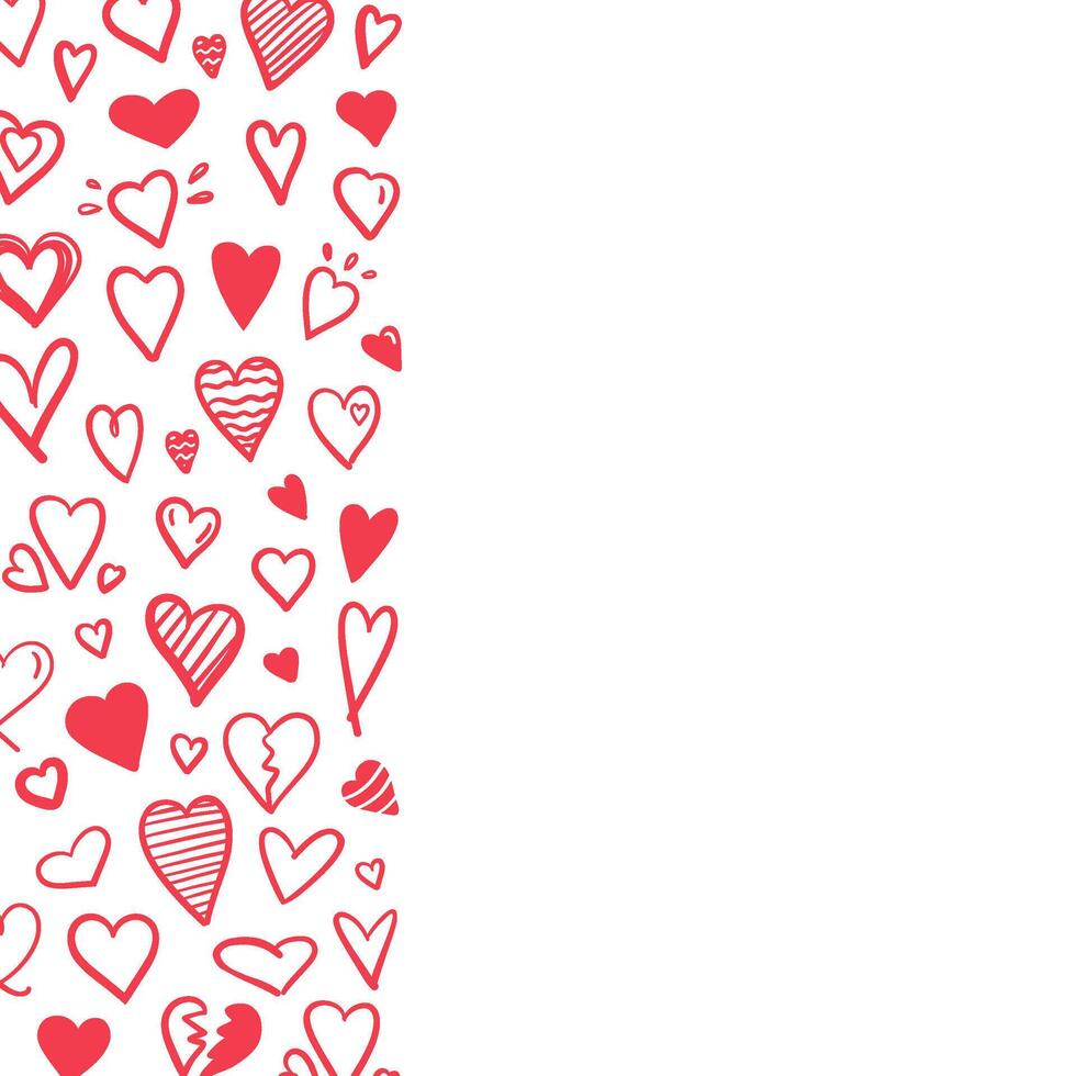 Vertical border with red doodle hearts on white background vector