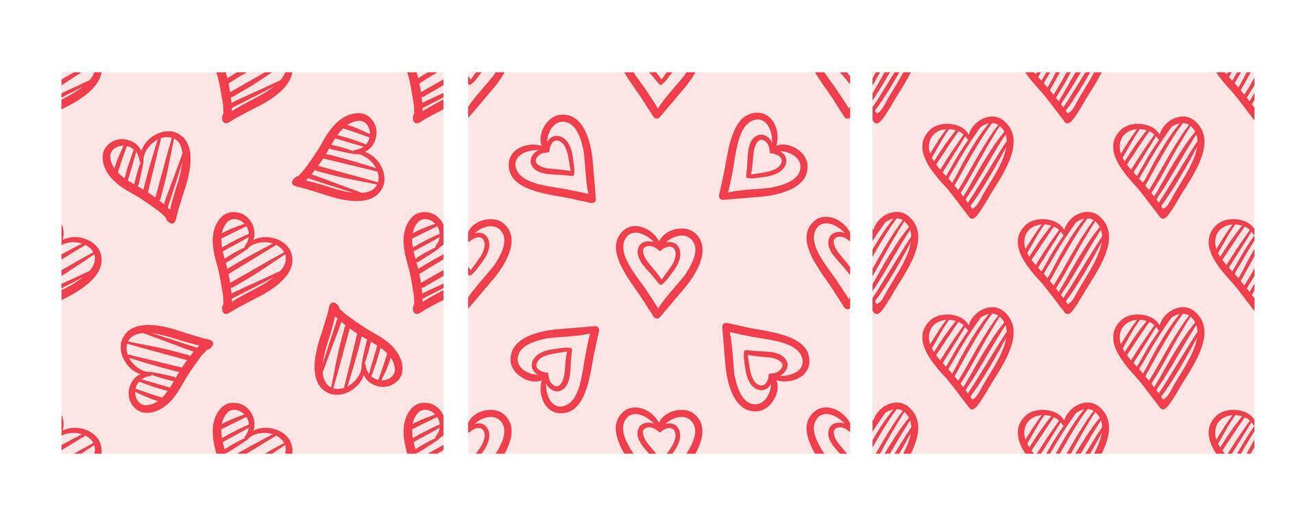 Seamless pattern with red striped and outlined hearts in doodle style vector