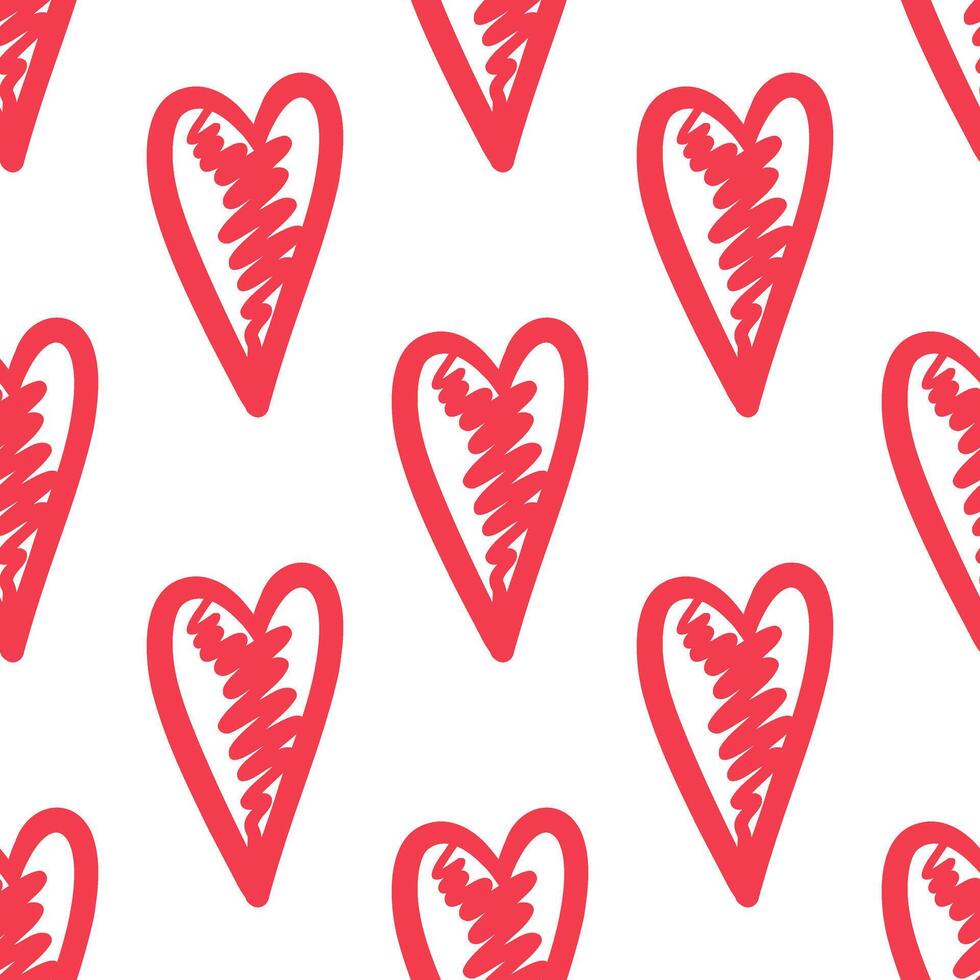 Seamless pattern with red scribbled hearts on white background vector