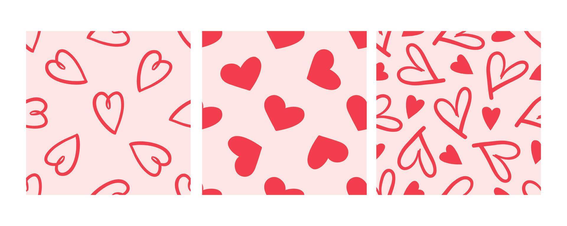Seamless patterns with red hearts on pink background in doodle style vector