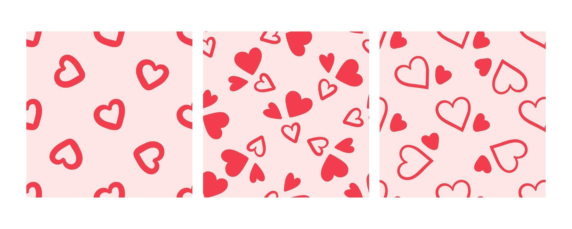 Seamless patterns with red hand-drawn hearts on pink background vector