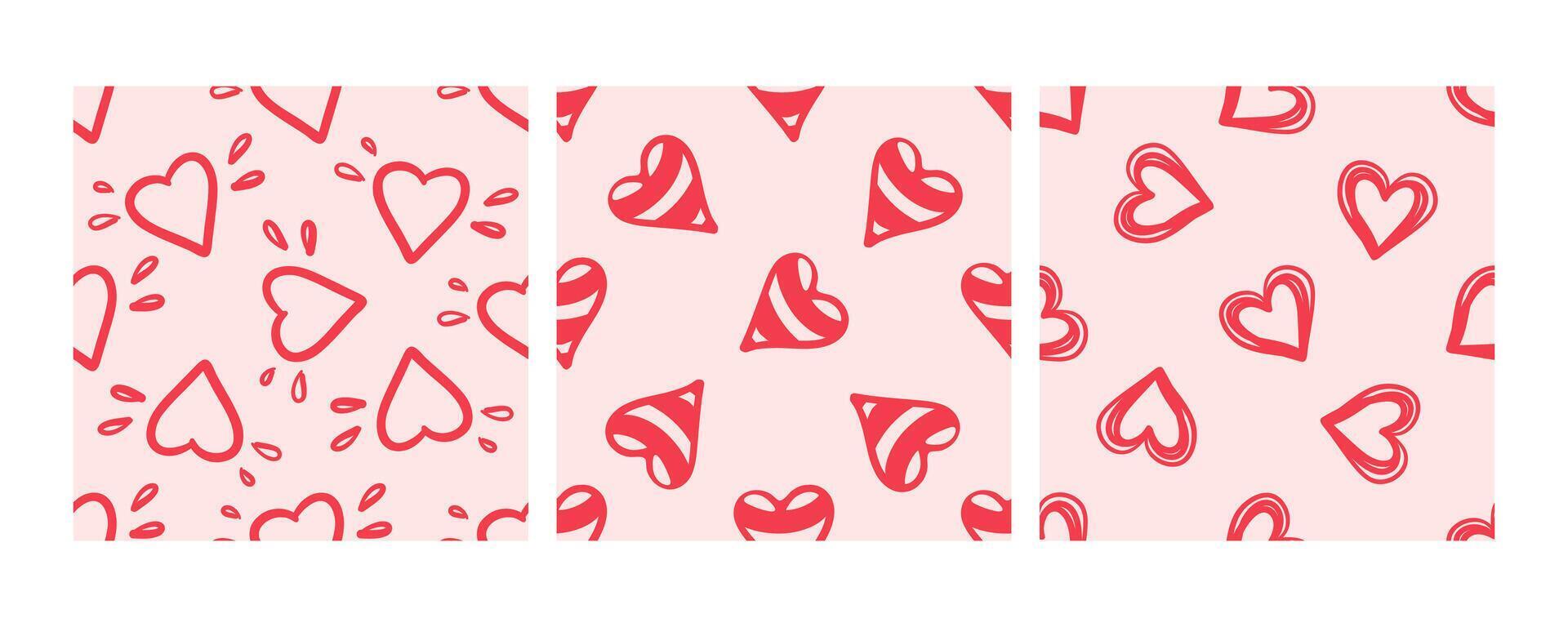 Hand-drawn red hearts seamless pattern on light pink background vector