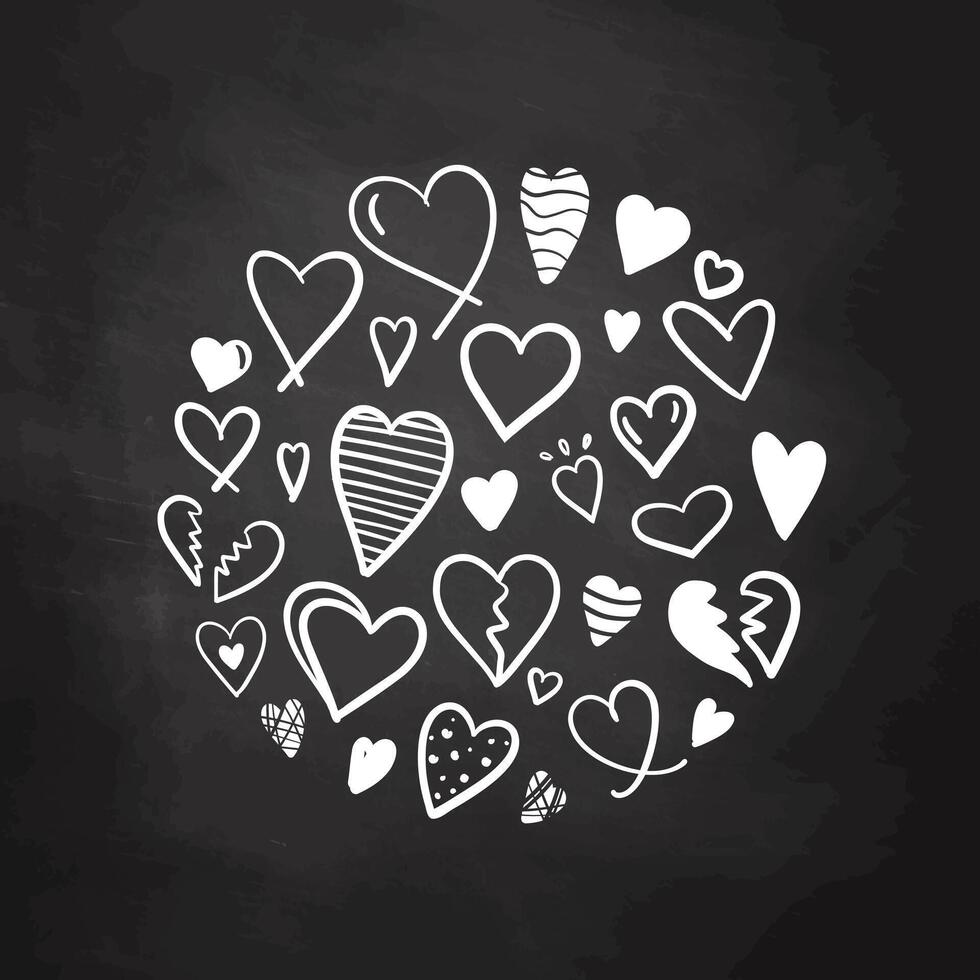 Round composition of white doodle hearts on chalkboard background vector
