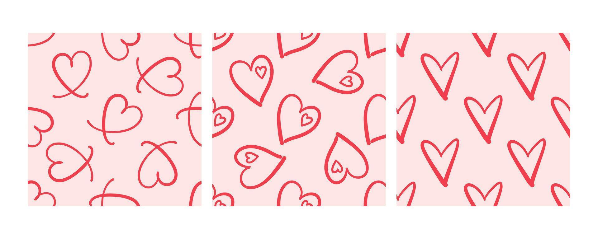 Seamless patterns with red hearts on light pink background vector