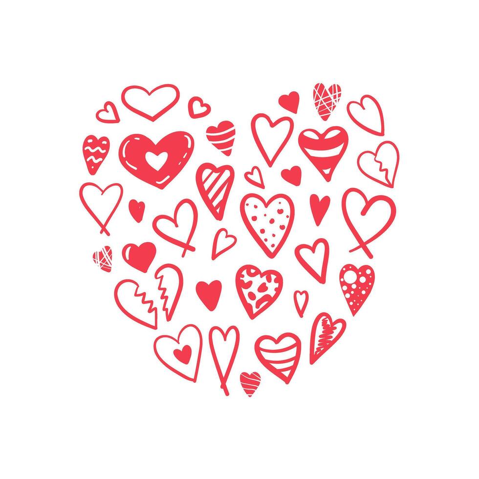 Heart doodle art with various red hearts on white background vector