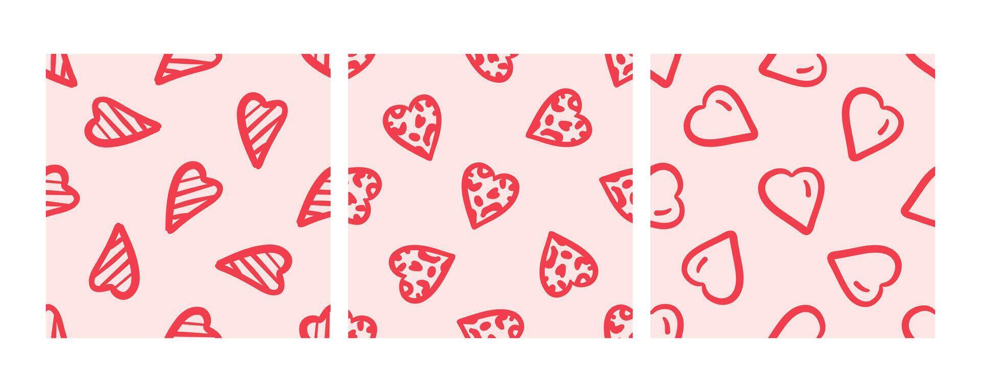 Seamless pattern with striped, spotted, and outlined hearts in doodle style vector