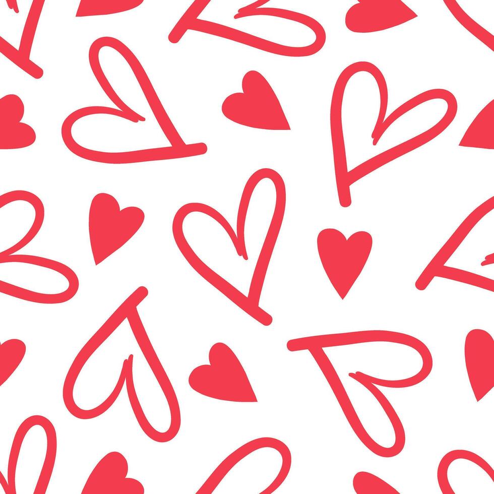 Seamless pattern with red hearts and doodles on white background vector