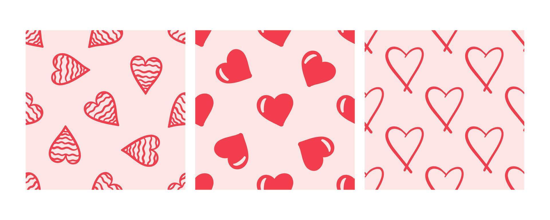 Cute seamless patterns with red hearts on pink in doodle style vector
