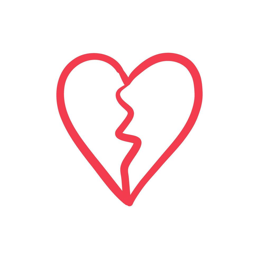 Red broken heart outline symbol isolated on white in doodle style vector