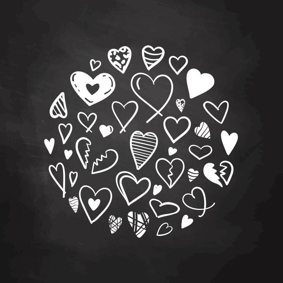 Circle with white doodle hearts isolated on chalkboard background vector
