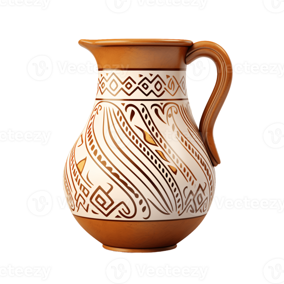 Handcrafted Ceramic Jug with Intricate Ethnic Patterns and Ornamental Design png