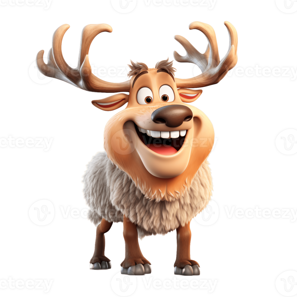 Cheerful Cartoon Reindeer with Antlers and Fluffy Fur in a Transparent Background png