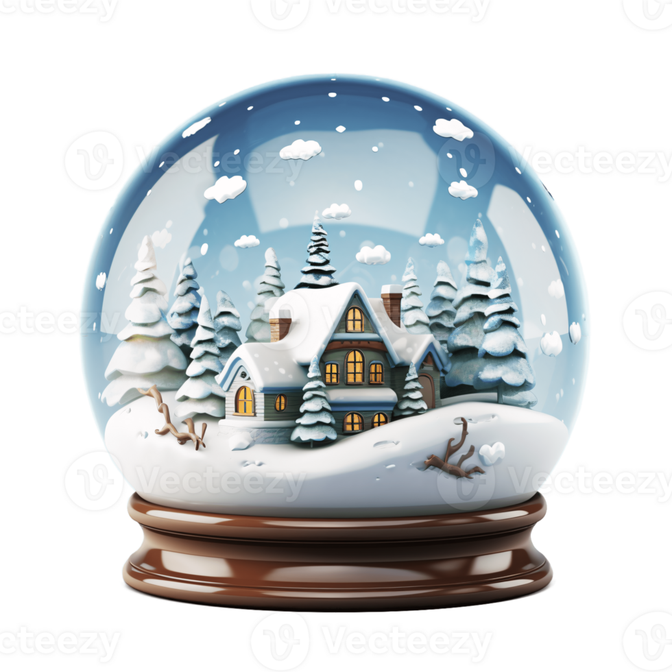 Cozy Winter Cottage in a Snow Globe with Snowy Trees and Festive Atmosphere png