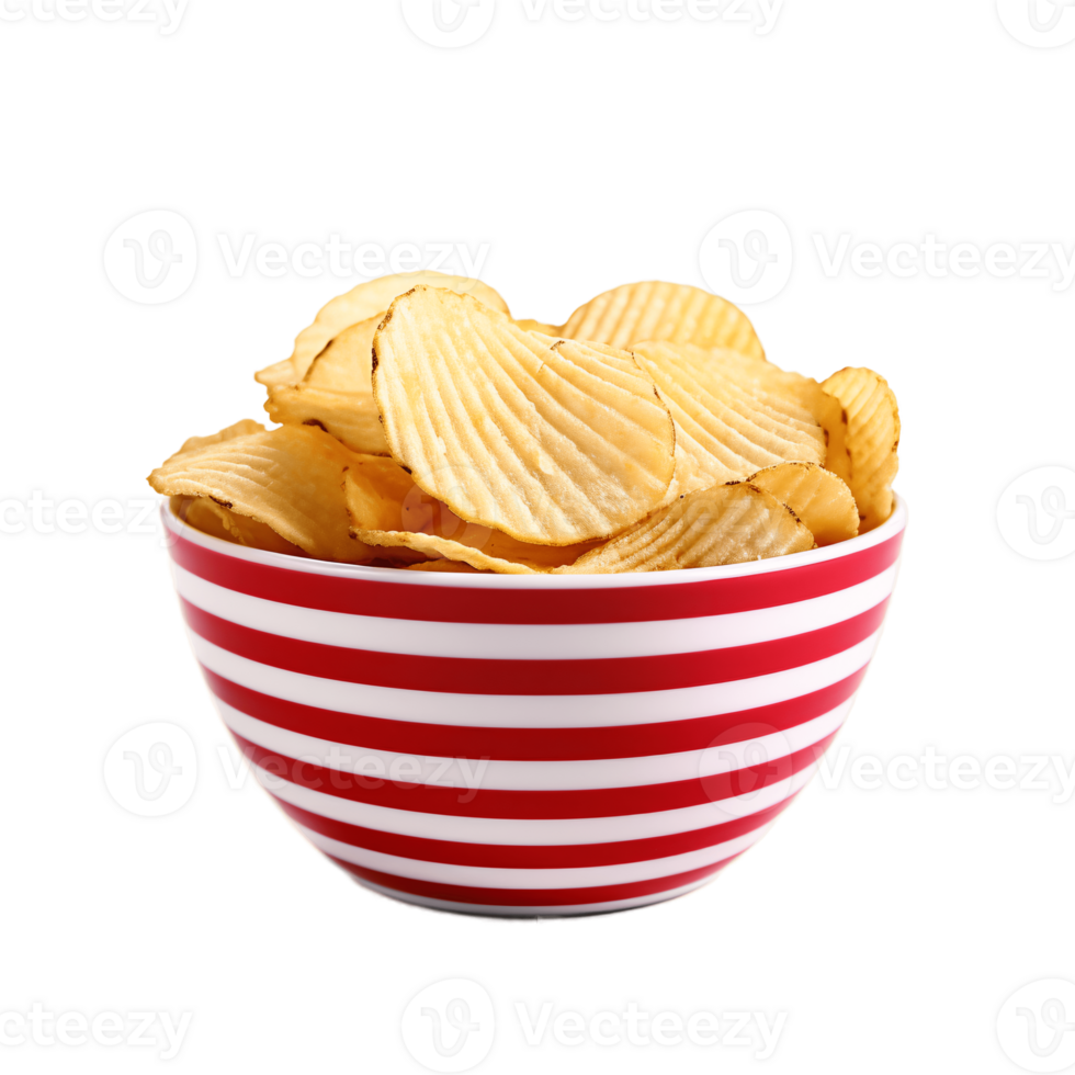 Crispy Potato Chips in Red Striped Bowl png