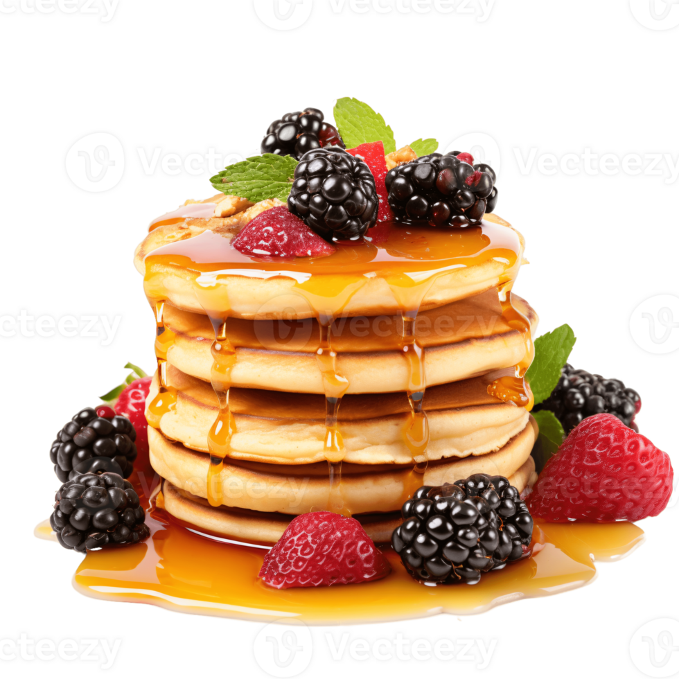 Stack of Fresh Homemade Pancakes with Berries and Maple Syrup png