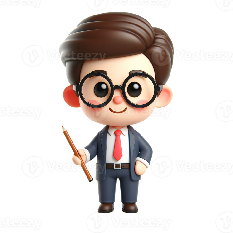Cute Cartoon Business Character with Glasses and Red Tie Holding Pencil png