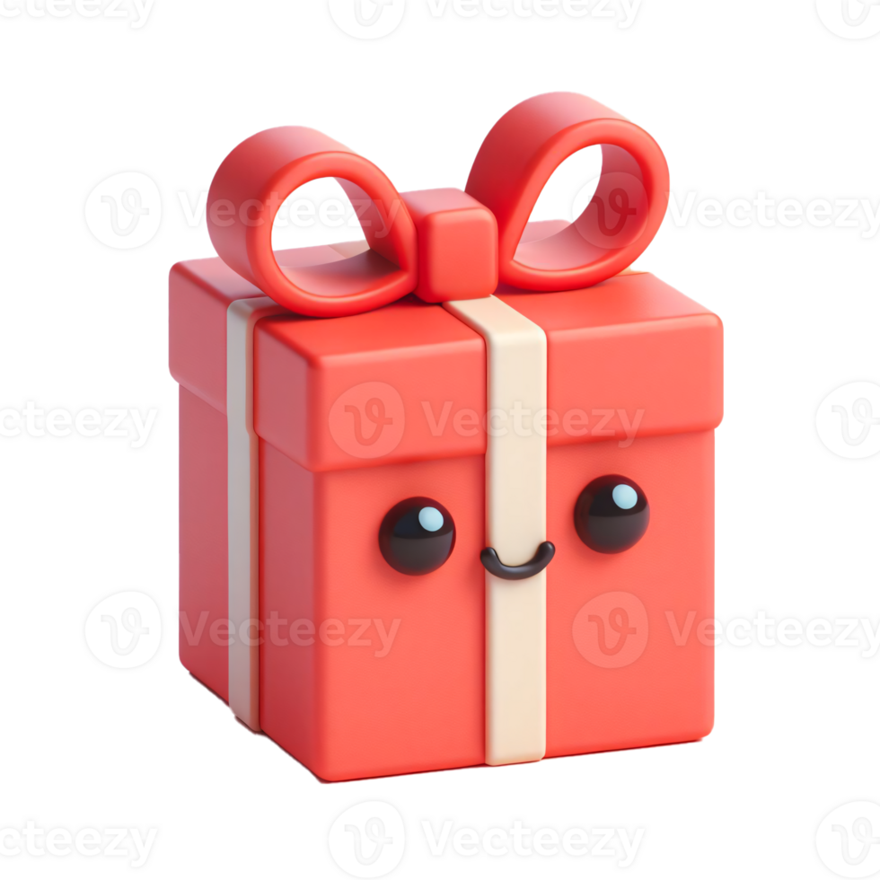 A whimsical 3D image of a present with a cheerful expression, tied with a ribbon and topped with a bow, ideal for gift giving themes, surprises, and festive occasions. png