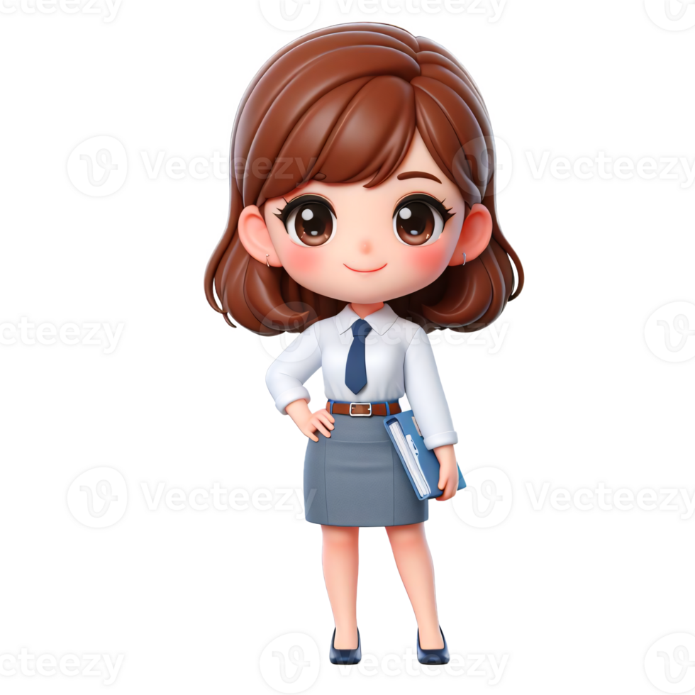 Professional businesswoman character in formal attire holding a book wearing a white shirt blue tie and gray skirt standing confidently on a transparent background png