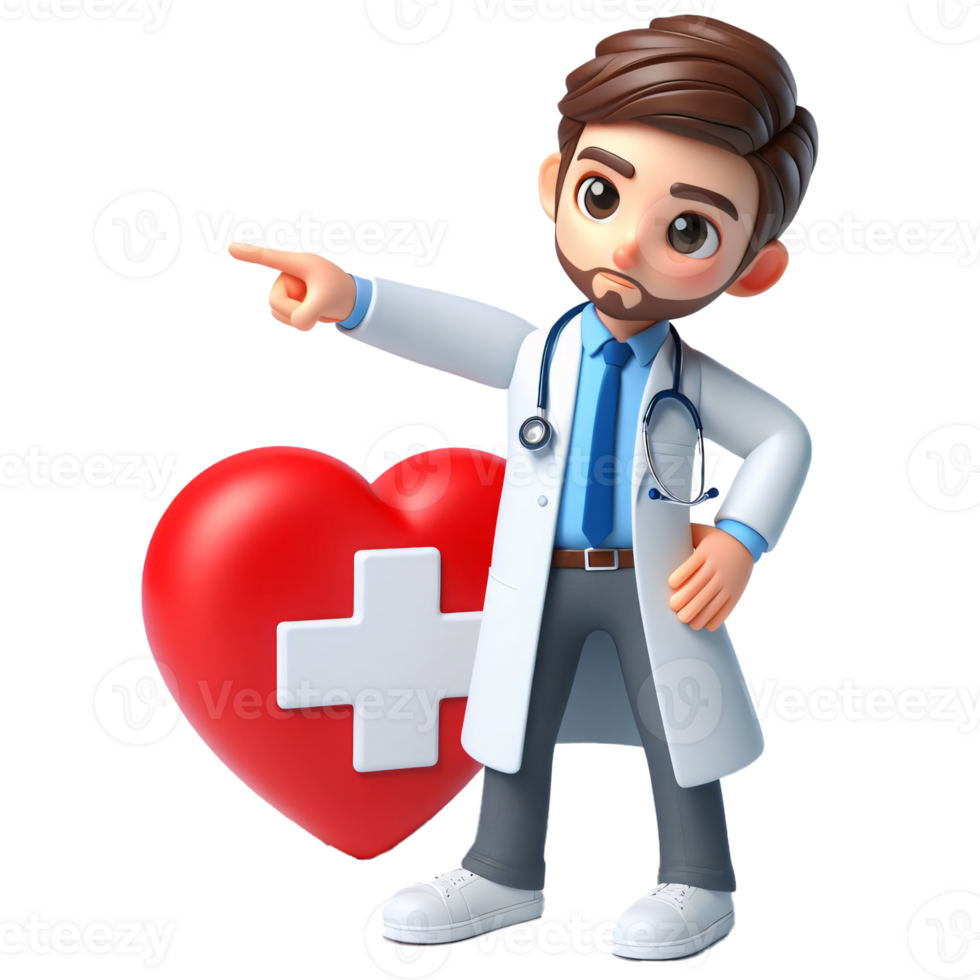 Cartoon doctor character pointing with stethoscope and heart symbol with medical cross on transparent background png