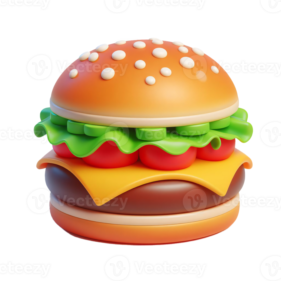 A colorful 3D image of a juicy burger with cheese, lettuce, tomato, and sesame seed bun, ideal for advertising, culinary themes, and snack concepts. png