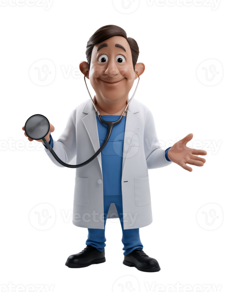 Friendly 3D Cartoon Medical Doctor Character in White Coat Holding Stethoscope with Welcoming Gesture png