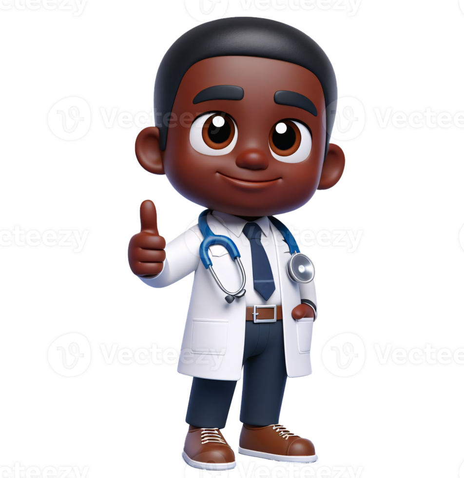 Smiling African American Child Doctor Character in White Lab Coat with Stethoscope Giving Thumbs Up png