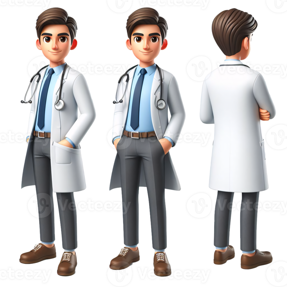 3D Doctor Character in White Lab Coat with Stethoscope in Various Poses png