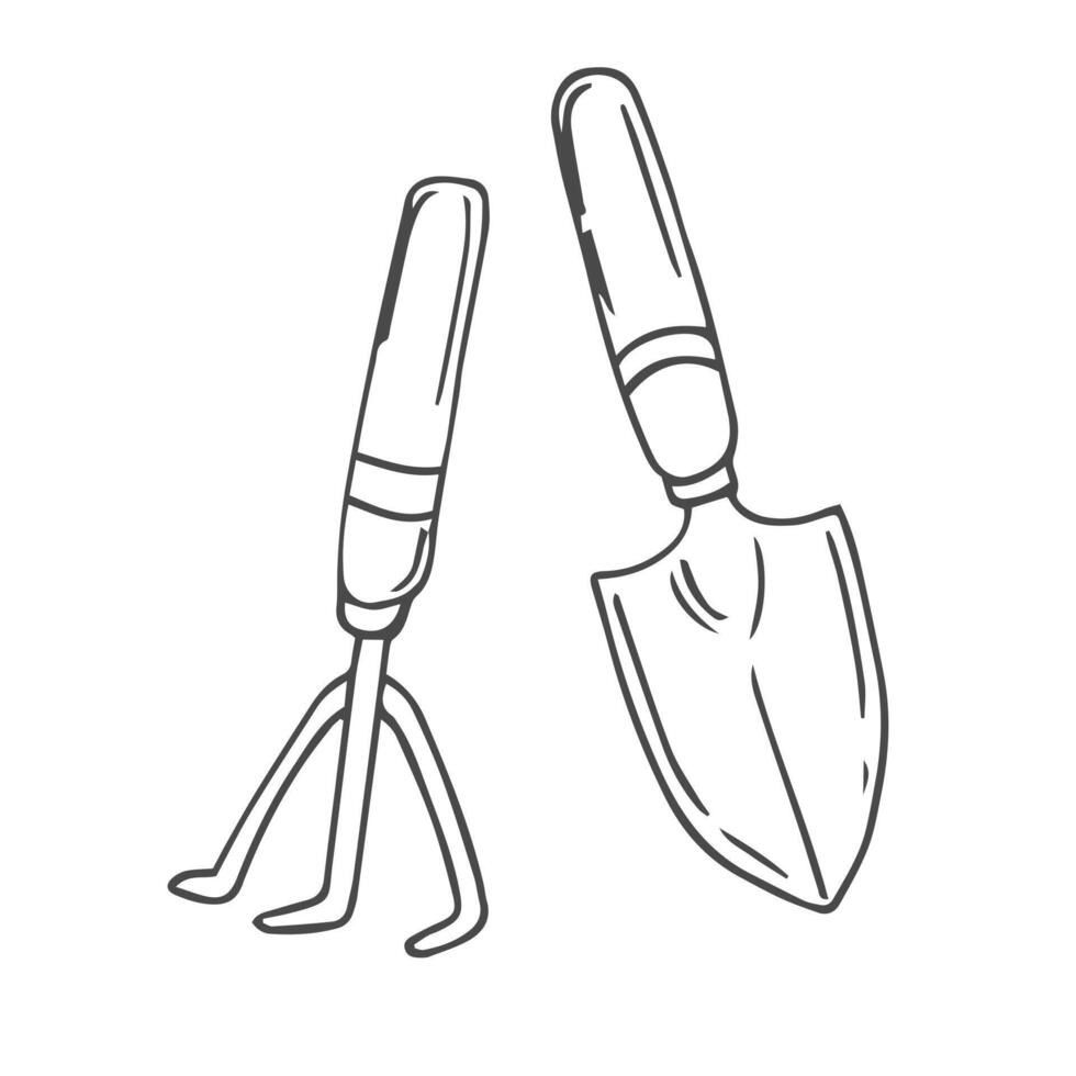 Garden tools linear icons and doodles. Garden rake, garden fork and a shovel. vector